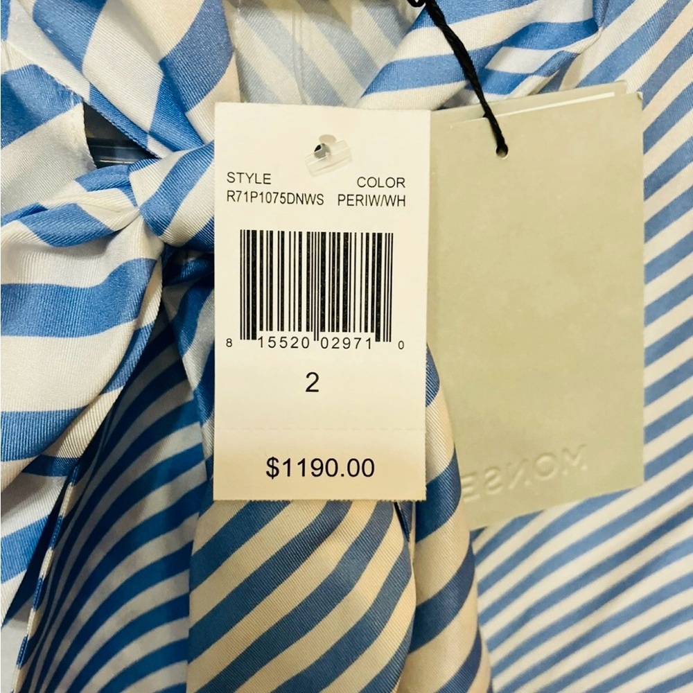 NWT MONSE 100% Silk Blue White Striped Bow Tie Midi Dress Size 2 - Picture 4 of 10